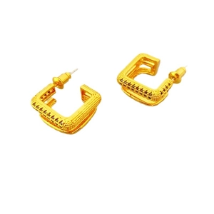 Golden double-layer C-shaped square stud earrings with textured finish and black stones