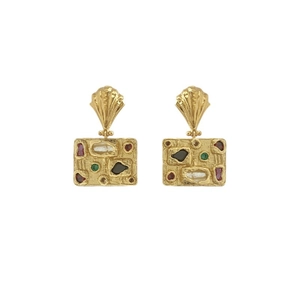 Vintage gold earrings with baroque pearls and colorful gemstones in a shell design