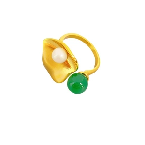 Elegant gold lotus leaf ring featuring Mabe pearl and green chalcedony stone