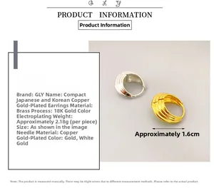Detailed specs of 18K gold plated brass hoop earrings measuring 1.6cm and weighing 2.18g