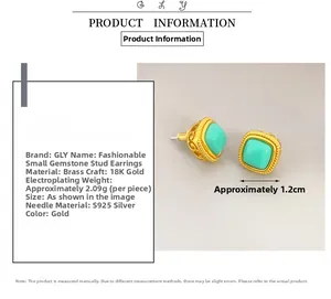 Detail showing S925 silver needles and 18K gold plated brass vintage square turquoise earrings
