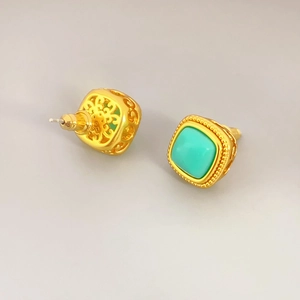 Vintage gold plated square stud earrings with turquoise stones and filigree hollow work
