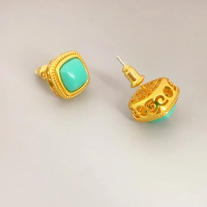 Vintage gold square turquoise stud earrings with ornate hollow geometric metal patterns