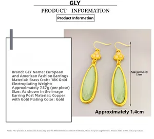 Detail view of 18K gold plated teardrop earrings with light green accents and dimensions