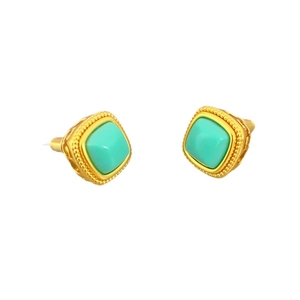 Vintage gold turquoise square stud earrings with retro milgrain texture and geometric style