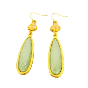Retro gold plated teardrop earrings with green faceted gems and pink stones on white background