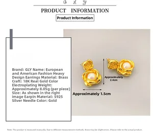 Detailed view of peony flower earrings with pearl inlay and 18K gold plated brass