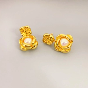 French Retro Gold Plated Brass Rose Flower Artificial Pearl Stud Earrings With 925 Sterling Silver Earring Post For Women
