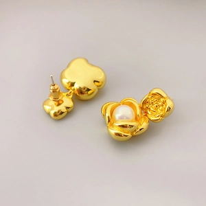 French style gold plated peony flower earrings with pearls and intricate heavy design