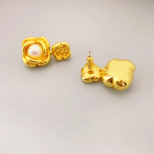 French style gold plated peony flower earrings with pearls shown from front and back view