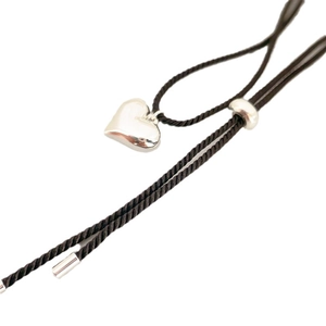 Polished silver heart pendant on a black twisted cord necklace with adjustable slide buckle