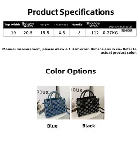 Size chart showing blue and black checkered fringe tote bags with detailed dimensions