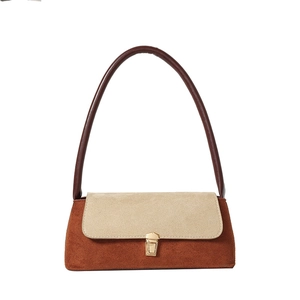 Retro color-block baguette bag with beige suede flap and gold metal buckle lock