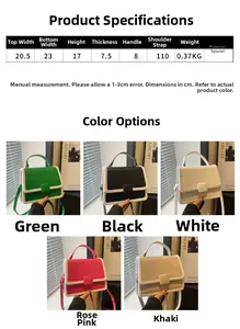 Detailed size chart and dimensions for the ethnic style crossbody bag in five colors