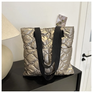 Women Quilted Puffer Tote Bag Metallic Glossy Down Cotton Shoulder Bag Large Capacity Korean Style Fashion Handbag For Winter