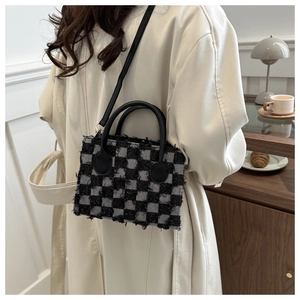 Retro checkered denim mini crossbody bag with chic tassel fringe and top handle