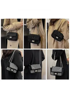 Detailed views of crossbody rhinestone flap bags in silver and black on models