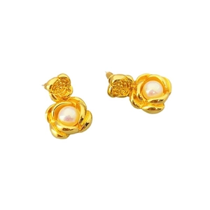 French style gold-plated peony earrings with central pearls and layered petal design