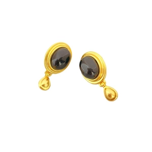 Elegante goldene Oval-Ohrringe mit schwarzem Onyxstein und glattem Wassertropfen-Anhänger