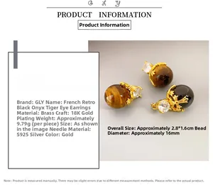 Detail view showing dimensions and materials of tiger eye and black onyx earrings