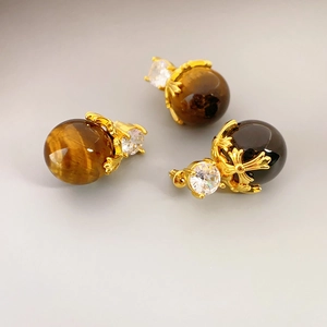 Vintage Tiger Eye Onyx Stud Earrings With 925 Sterling Silver Earring Post Copper Cross Relief Zircon Jewelry For Women