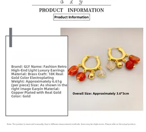 Macro view of gold-plated brass earrings featuring agate and bead pendant details