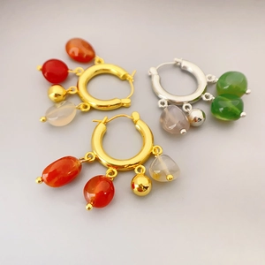 Vintage Hoop Earrings With Natural Stone Agate Pendants 18K Gold Plated Brass Retro Luxury Jewelry For Women