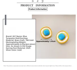 Detail of vintage 18K gold plated earring with turquoise and shell inlay with dimensions