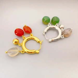 Vintage retro hoop earrings with natural agate stones and metal charms in gold and silver