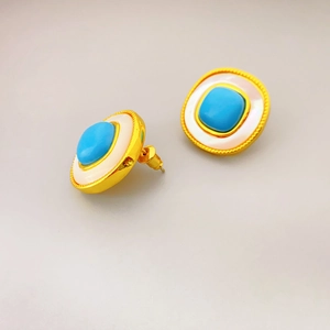 Vintage gold square stud earrings with mother of pearl and blue turquoise stone inlay
