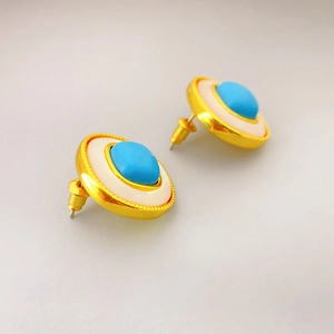 Vintage gold plated round stud earrings with mother of pearl and blue turquoise inlay