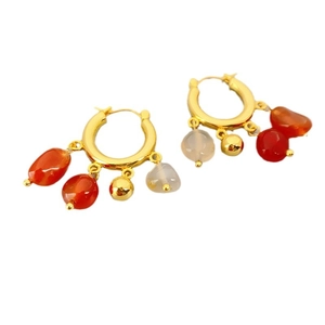 Vintage gold hoop earrings featuring natural agate stone pendants in red and white tones
