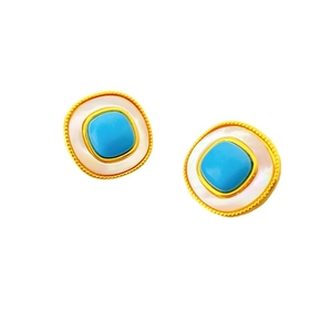 Vintage gold-plated square stud earrings with blue turquoise and mother of pearl inlay