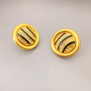 Vintage runde Emaille-Ohrstecker mit Vergoldung und Strasssteinen im Retro-Stil