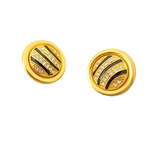 Vintage runde goldene Ohrringe mit schwarzen Streifen und funkelnden Strasssteinen