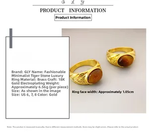Detailtabelle für 18K vergoldeten Messingring mit Tigerauge-Inlay und Maßangaben
