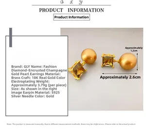 Detail view of pearl earrings with square-cut yellow crystal and 18K gold-plated finish
