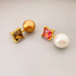 Square Crystal Dangle Earrings With Round Artificial Pearl Brass And 925 Sterling Silver Earring Post French Style Elegant Women