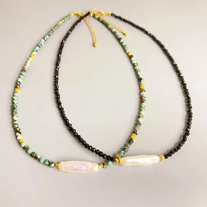 Vintage Baroque Cultured Artificial Pearl Handcrafted Beaded Necklace Turquoise Black Onyx Gold Plated Choker For Women Fashion Jewelry