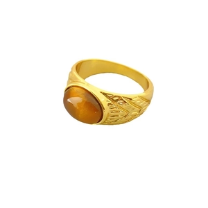 Französischer Vintage-Ring mit 18K Goldbeschichtung, Tigerauge und Blattgravur an den Seiten