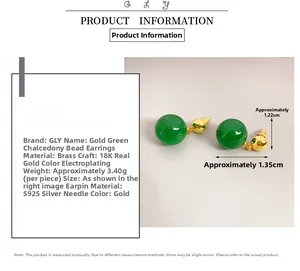 Close-up of green chalcedony gold studs with S925 silver needles and product measurements