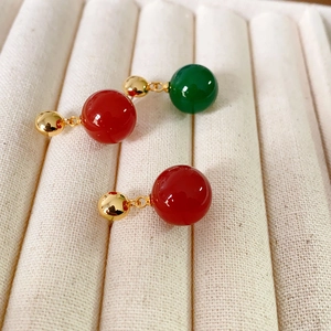 Round Bead Dangle Earrings Brass Gold Plated Green Chalcedony Red Agate 925 Sterling Silver Earring Post For Women