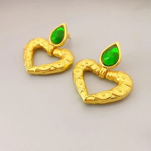 French Vintage Heart Drop Earrings With Green Glass And 925 Sterling Silver Earring Post Embossed Gold Tone For Women