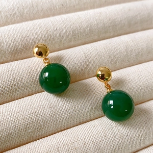 Elegant 925 silver needle drop earrings with green agate beads and golden accents