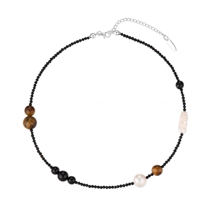 Collier Ras De Cou En Künstliche Perles De Baroque Onyx Noir Pierre Oeil De Tigre Pour Femmes Laiton Plaqué Or 18K Bijoux
