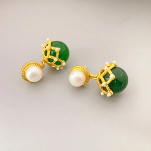 Boucles d'oreilles lanterne en argent 925 avec agate verte et filigrane doré vintage