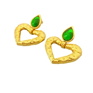 French vintage gold heart earrings featuring drop-shaped green gems and floral carvings