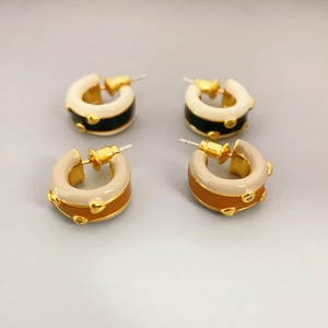 Enamel Drip C-Shaped Earrings With 925 Sterling Silver Earring Post Contrast Color Metal Rivet Geometric Fashion For Women