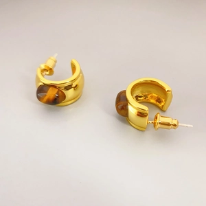 18k gold plated C-shaped earrings with inlaid brown tiger eye stone for women