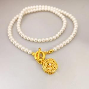 Elegant Artificial Pearl Necklace With Zirconia Camellia Flower Pendant Copper 18K Gold Plated OT Toggle Clasp Jewelry Women